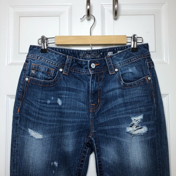 Miss Me Jeans Cotton Distress Ripped Blue Wash MidRise Boyfriend Ankle Jeans 27 - Picture 3 of 15